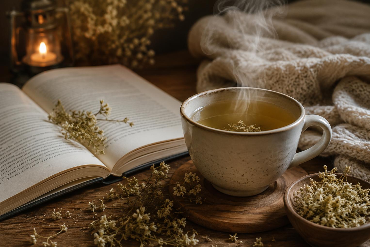 Tasse de tisane d’aspérule odorante fumante sur une table avec livre ouvert et fleurs séchées, ambiance relaxante.